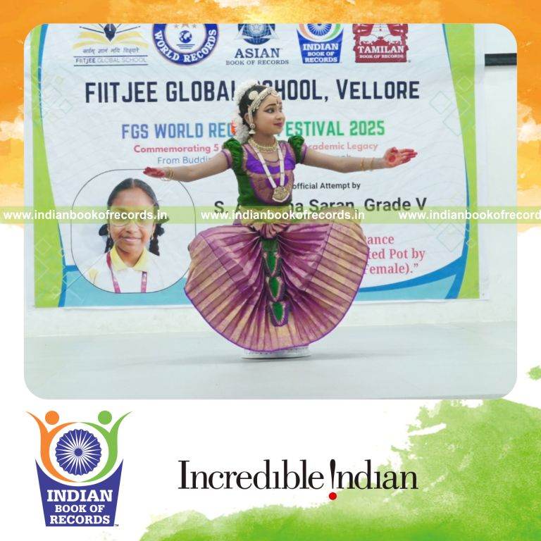 Performer showcasing classical dance while balancing on an inverted pot for a long duration recognized by Indian Book of Records