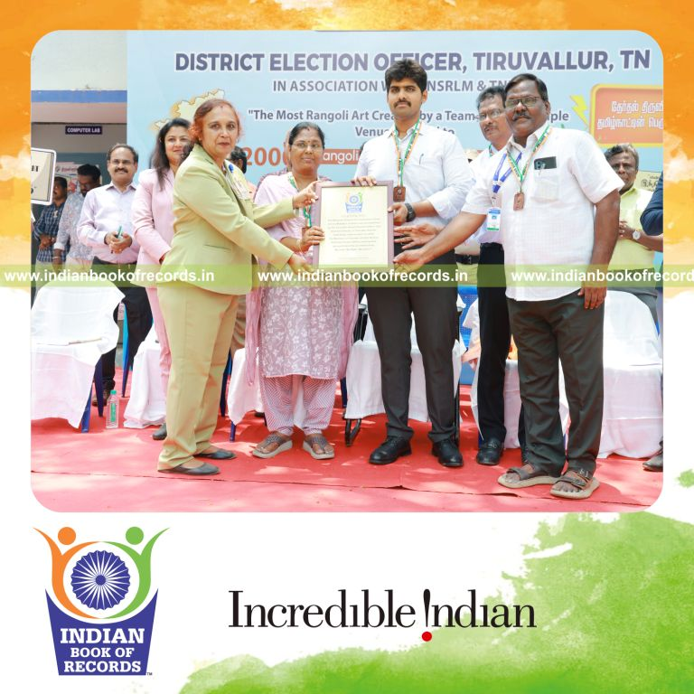 Community members presenting coordinated rangoli creations, recognized by Indian Book of Records.