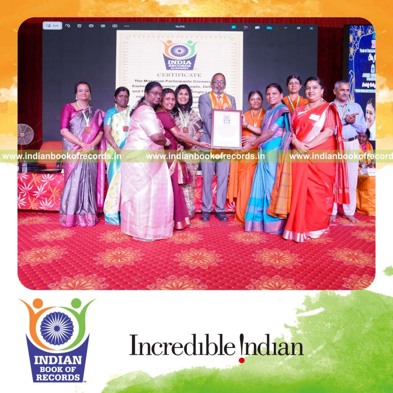 Participants delivering continuous explanations of chemistry topics at a single location for Indian Book of Records