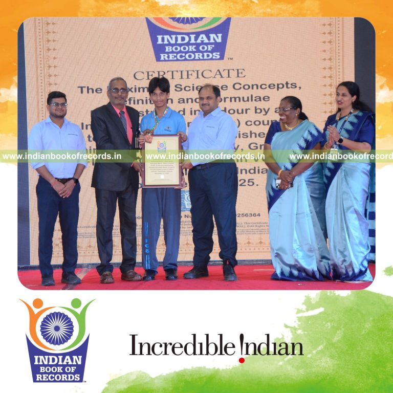Young learner explaining numerous science concepts and formulae during a timed session recognized by Indian Book of Records