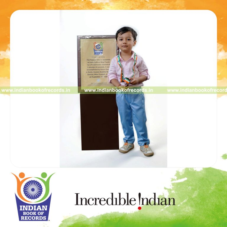 Fastest Time to Assemble an India Political Map Puzzle by a Pre-Schooler- Indian Book of Records.
