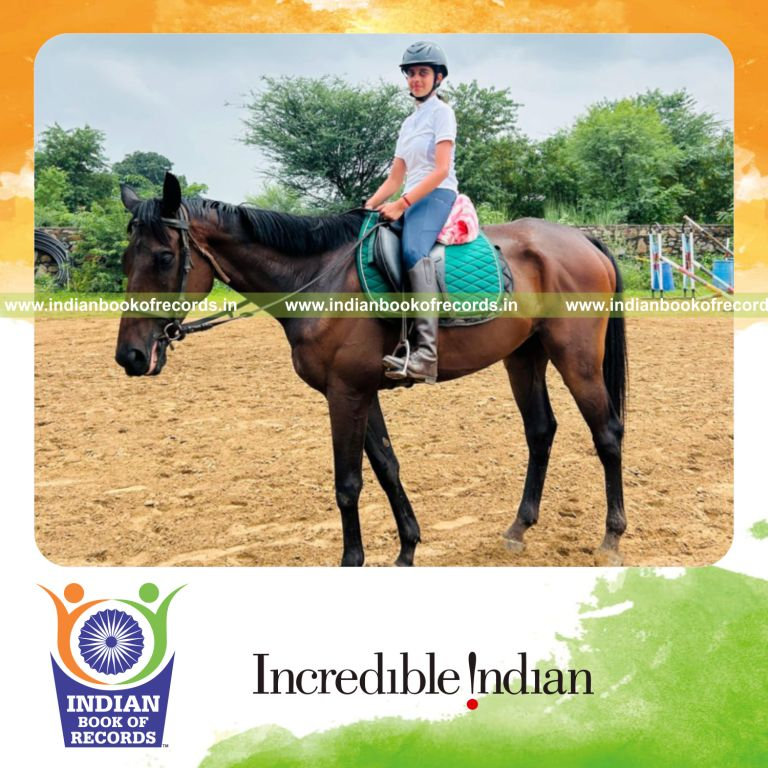 Young girl participating in a long-duration horse riding marathon recognized by Indian Book of Records