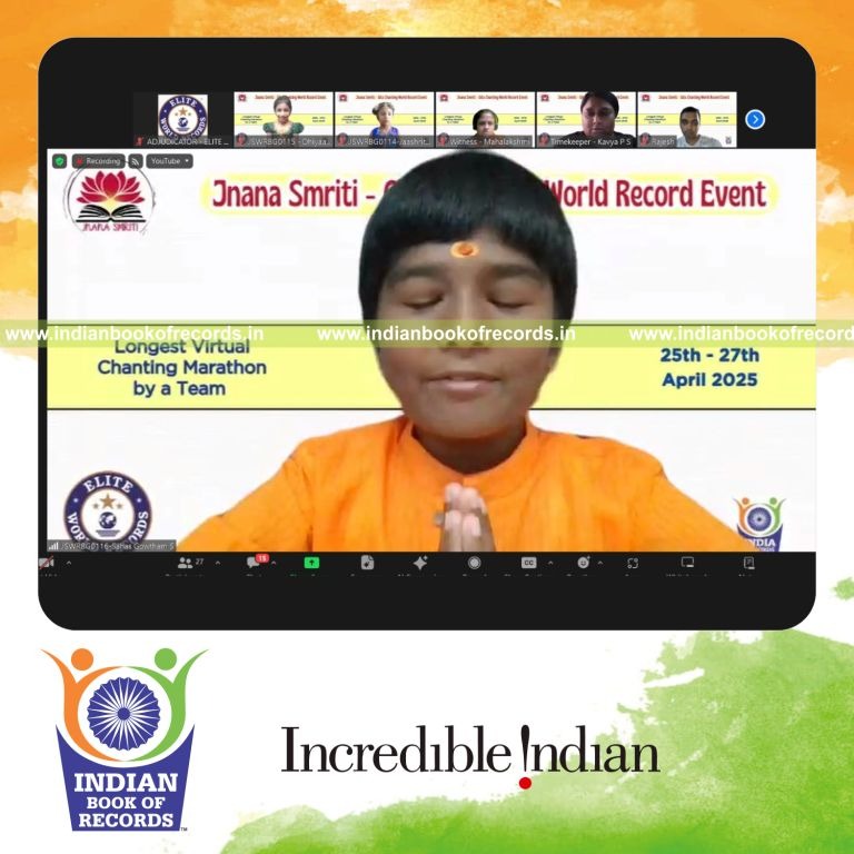 a team performing a virtual chanting session continuously for the longest duration for a record in Indian Book of Records