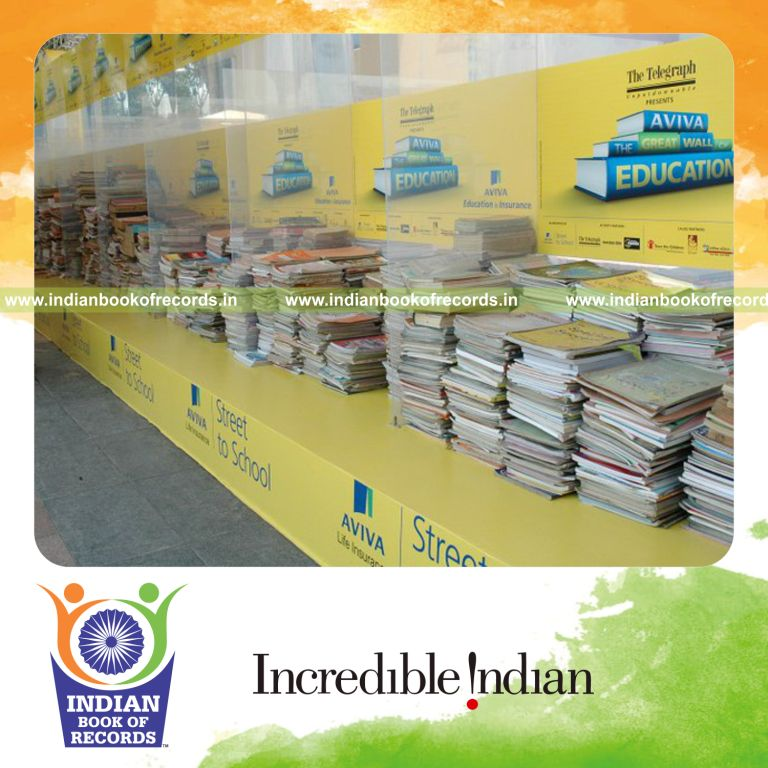 large number of books arranged to form a wall structure for record in Indian Book of Records