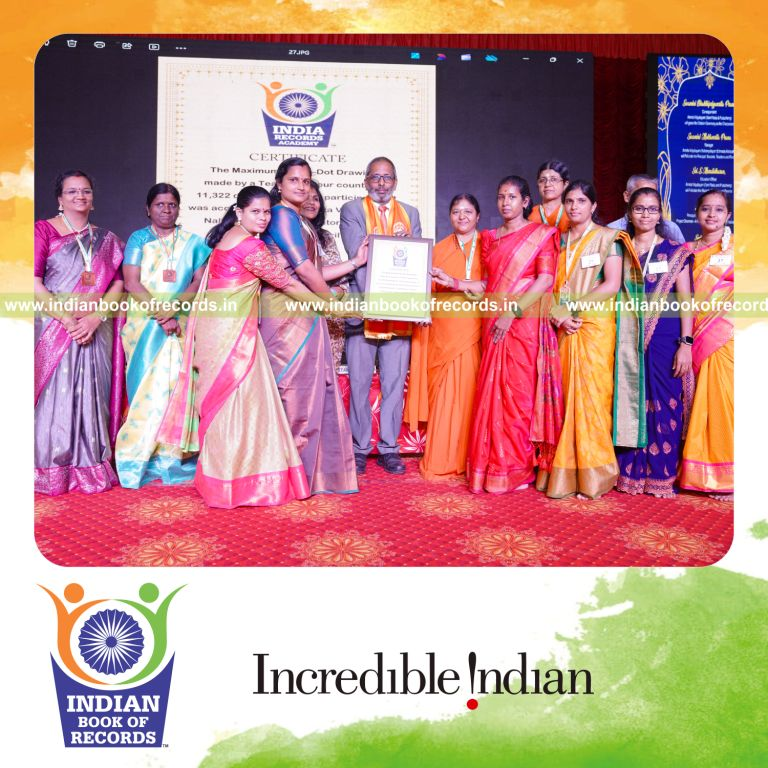 a team creating multiple dot to dot drawings within one hour in a coordinated activity for a record in Indian Book of Records