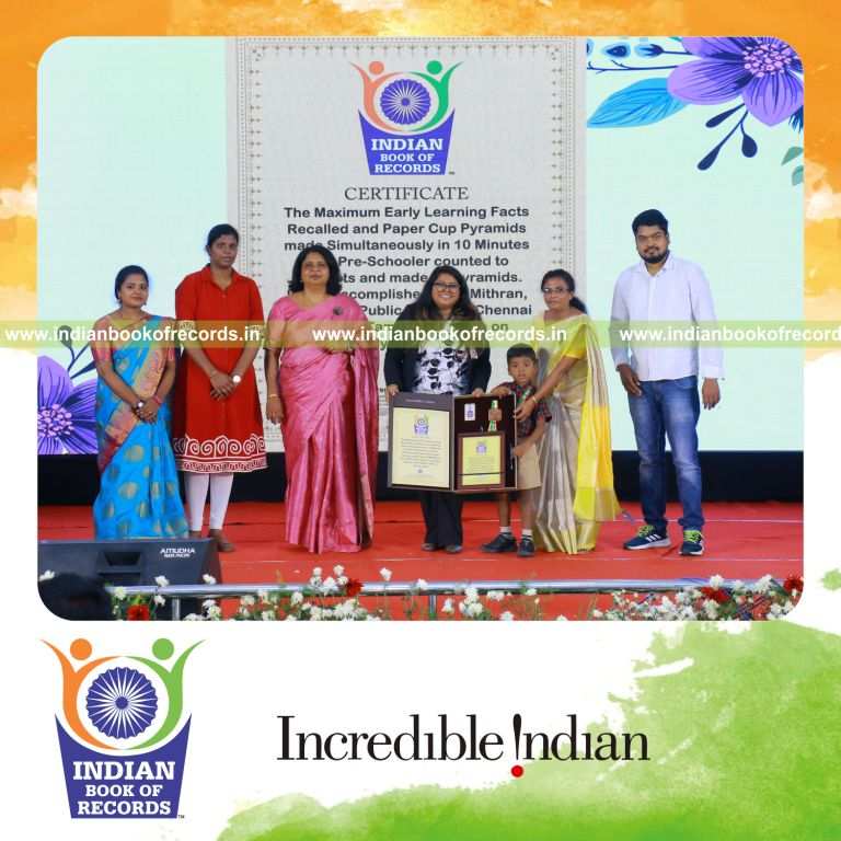 Maximum Early Learning Facts Recalled and Paper Cup Pyramids Made Simultaneously in 10 Minutes by a Pre-Schooler- Indian Book of Records.