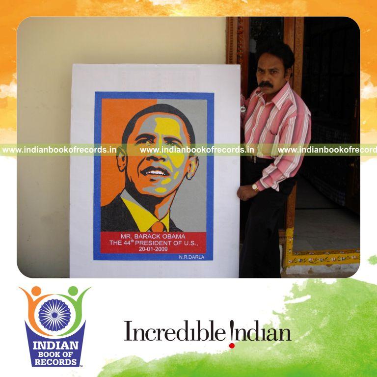 male individual using multiple obama stickers in posters for record in Indian Book of Records