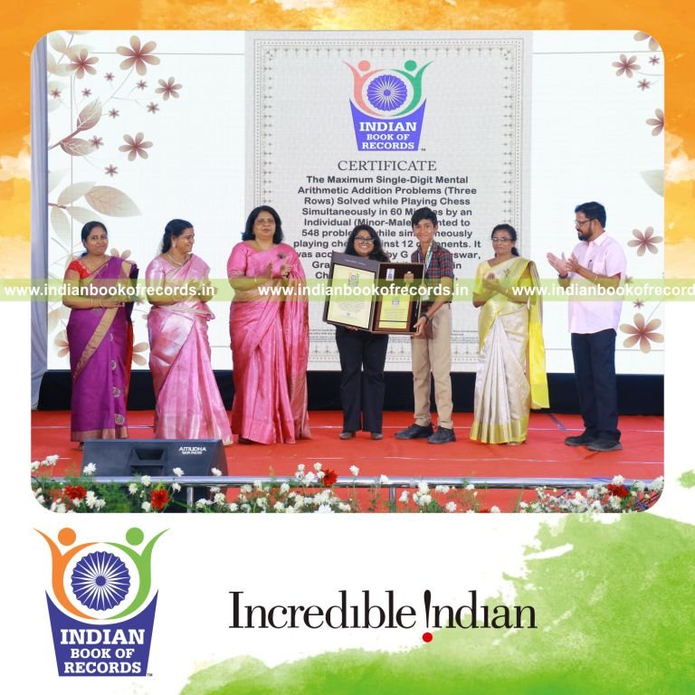 Maximum Single-Digit Mental Arithmetic Addition Problems (Three Rows) Solved While Playing Chess Simultaneously in 60 Minutes by an Individual (Minor-Male)- Indian Book of Records.