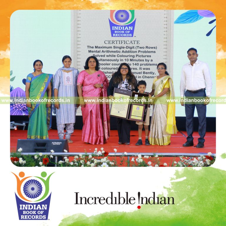 Maximum Single-Digit (Two Rows) Mental Arithmetic Addition Problems Solved While Colouring Pictures Simultaneously in 10 Minutes by a Pre-Schooler- Indian Book of Records.