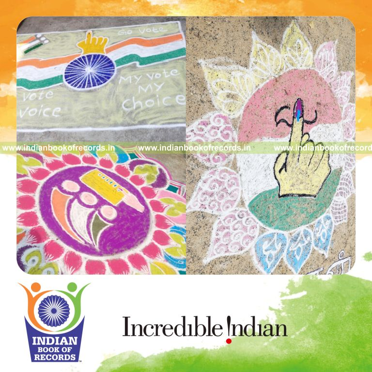 Participants creating rangoli artwork across multiple locations, recognized by Indian Book of Records.