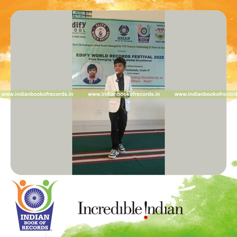 Young boy delivering continuous public speaking over an extended duration recognized by Indian Book of Records