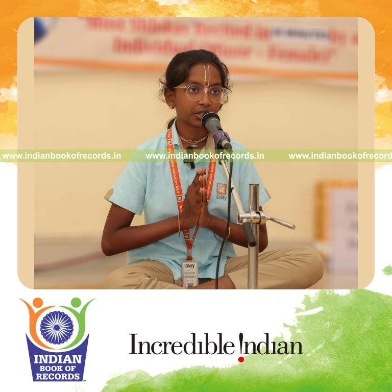 Young girl reciting numerous shlokas within a short time recognized by Indian Book of Records