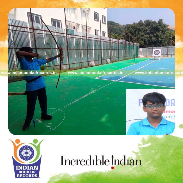 Young archer shooting multiple arrows at a 20 meter target over a timed session recognized by Indian Book of Records