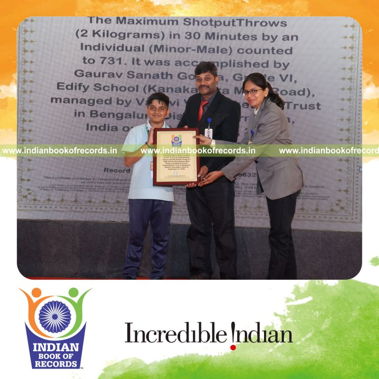 Young athlete performing repeated shot put throws within a timed duration recognized by Indian Book of Records