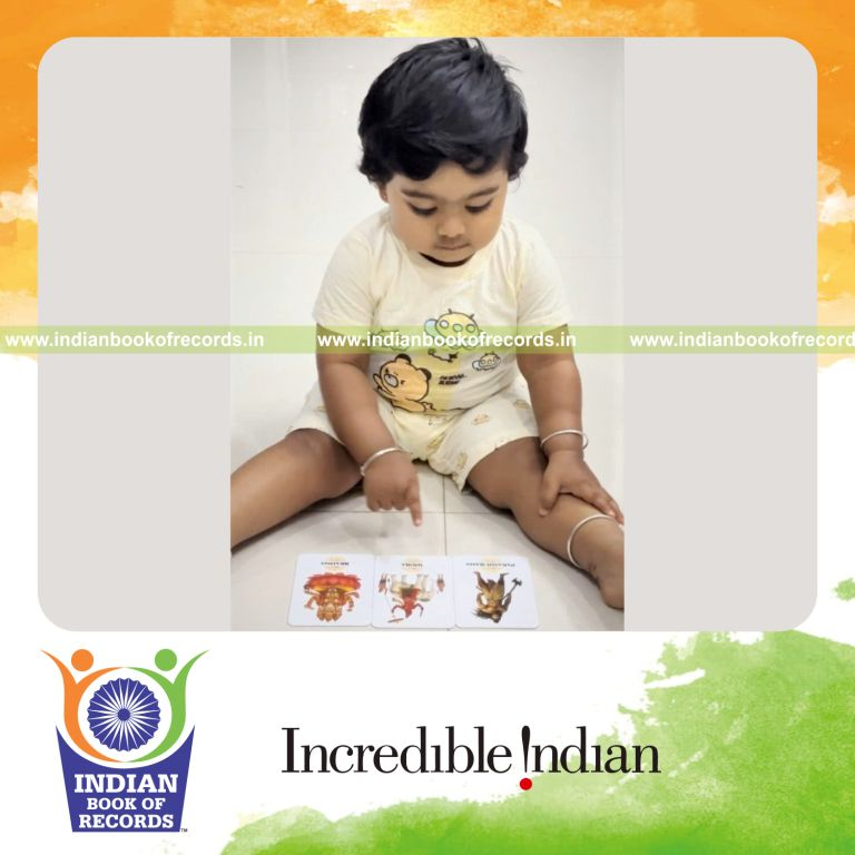 Child identifying various Hindu deities through flashcards in record time recognized by Indian Book of Records