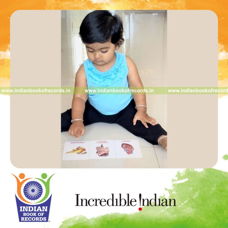 Small child pointing out human organs using flashcards within a short time recognized by Indian Book of Records