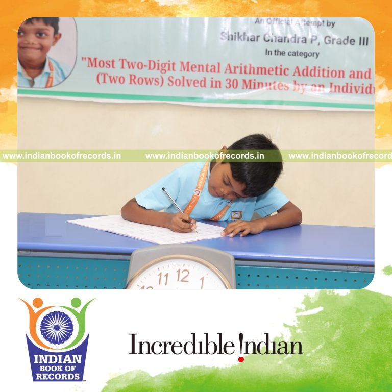 Participant solving two-digit addition and subtraction problems in rows recognized by Indian Book of Records
