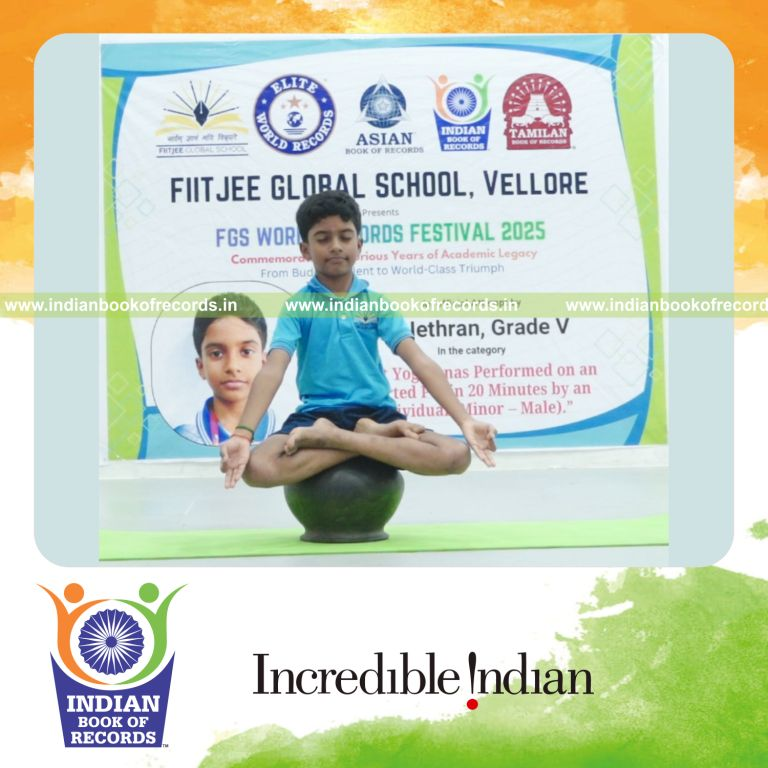 Performer executing multiple yogasanas while balancing on an inverted pot within a timed session recognized by Indian Book of Records