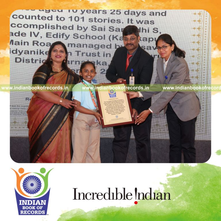 Young female author publishing a book with numerous fictional stories recognized by Indian Book of Records